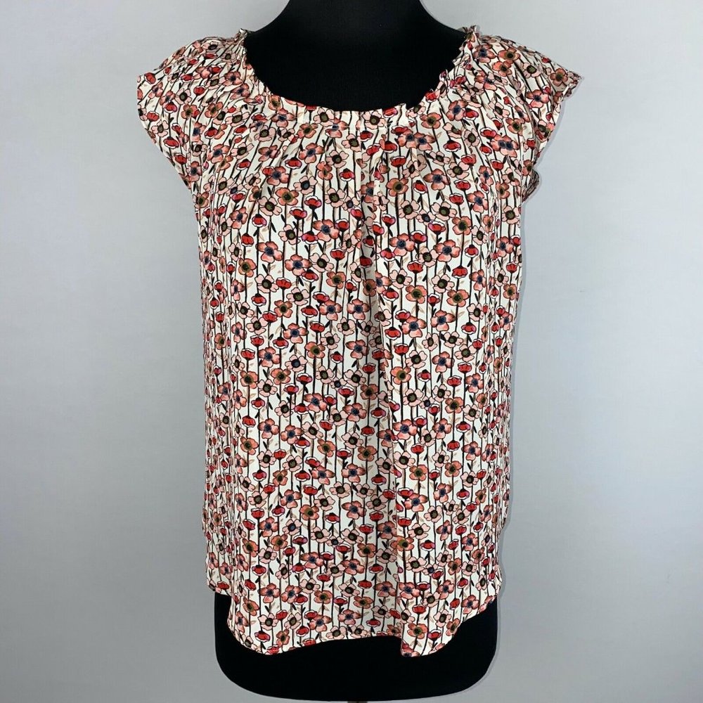 LC Lauren Conrad Love Lauren XS Floral Pleat Neck Blouse Tie Keyhole Back